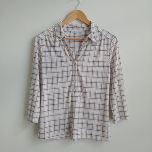 4/$20 Cleo Windowpane Pattern Cream Ivory Top Blouse No Wrinkle Medium Petite
